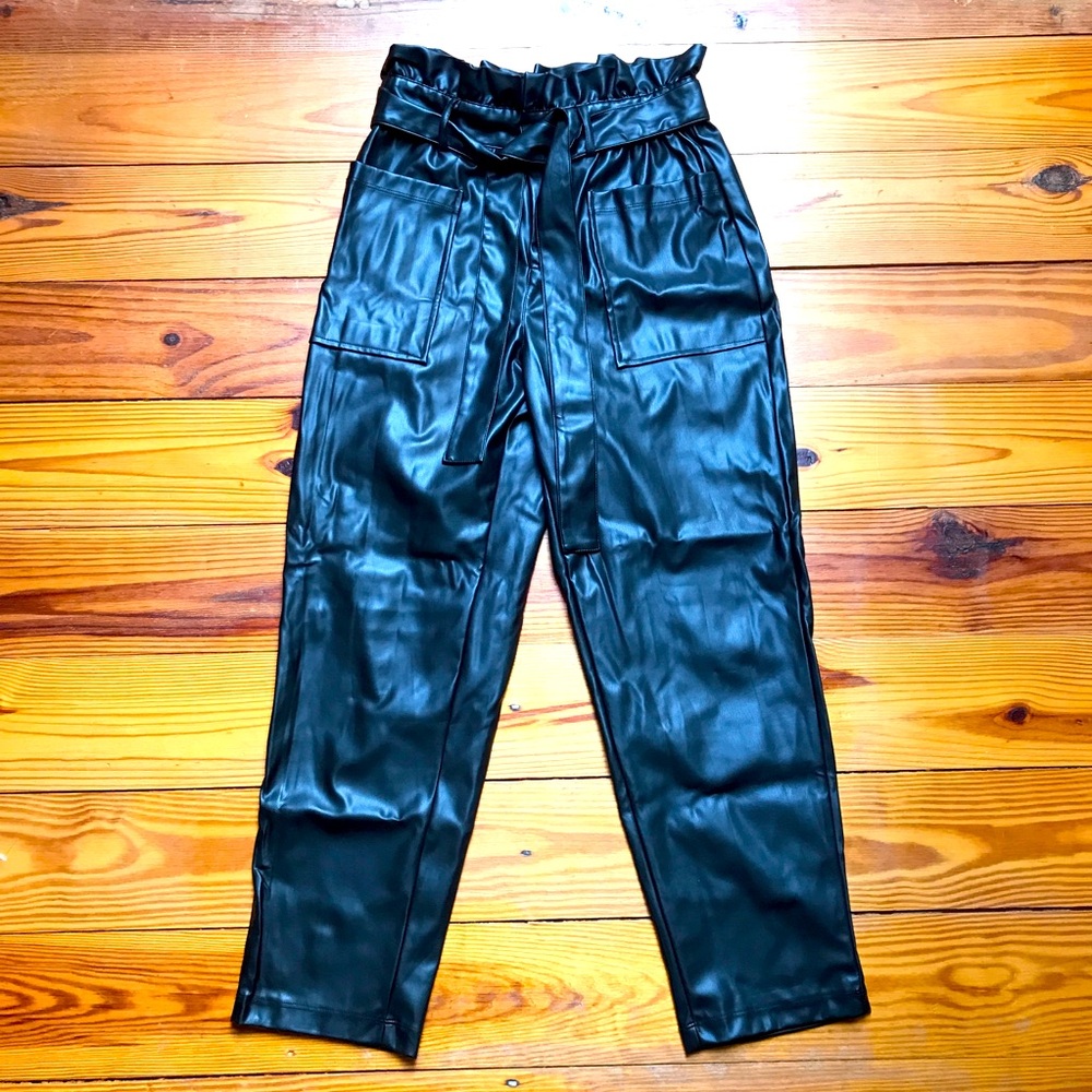 Who What Wear Black Pleather Paper Bag Waist Pants, EUC, 4